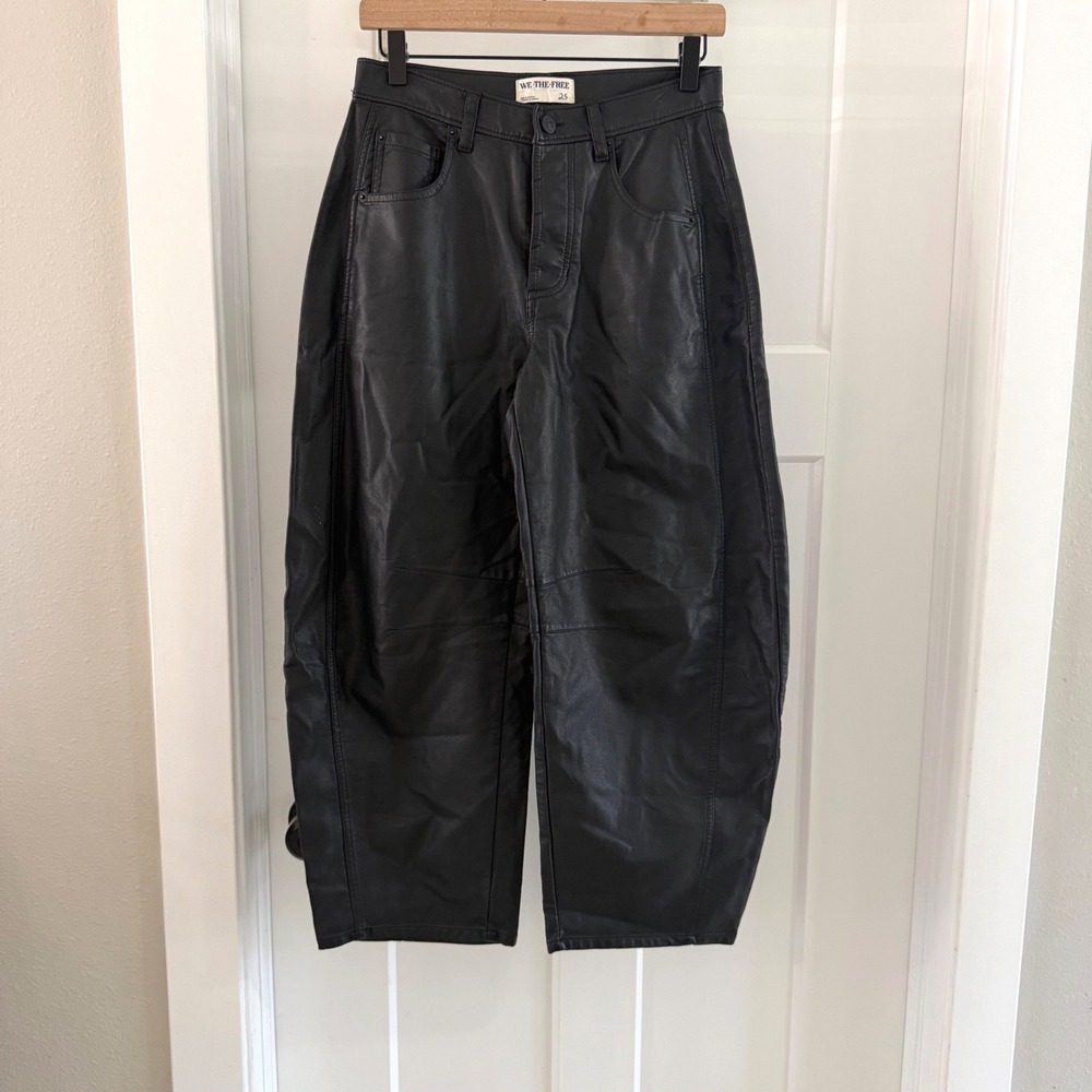 FP We The Free Lucky You Good Luck Mid-Rise Vegan Leather Barrel Jeans Black 25